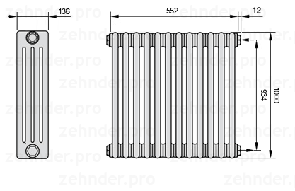 Схема (чертеж) Радиатор Zehnder Charleston 4100/12 №7610 Белый глянцевый RAL 9016